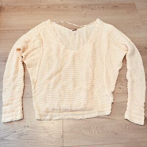 Free People Sweater Womens XS Peach and Cream Striped Knit V-Neck Linen Wool